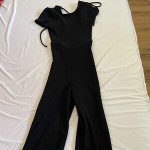 Black Ribbed Short-Sleeved Jumpsuit with Tie Back (or front - wear two ways!)